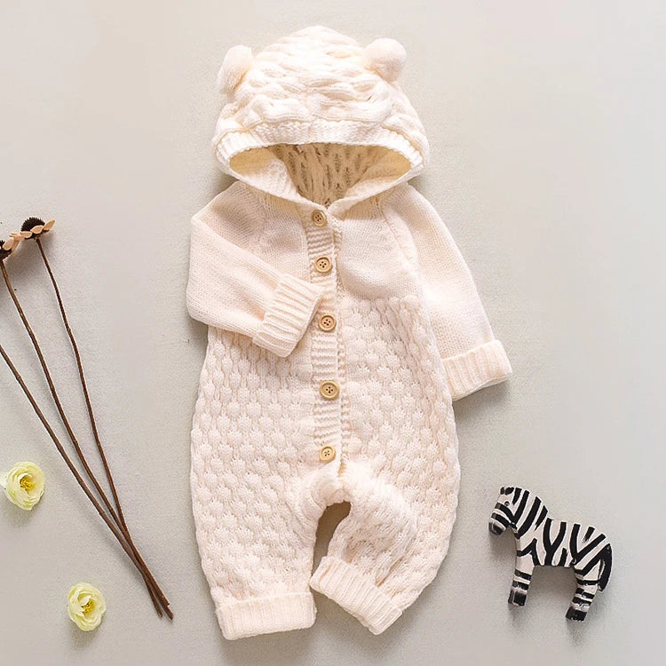 Long Sleeve Hooded Newborn Baby Clothes Knitted Romper Fashoin Solid Color Baby Girl Clothes Winter Warm Infant Clothing