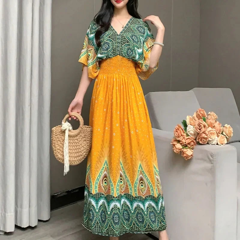 Summer Spring Short Sleeve Maxi Dress Women Dresses V-neck Fashion Female Vintage Print Floral Poplin Bohemian Beach Dresses