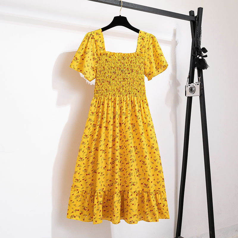 Spring Summer Chiffon Women Dresses Female Short Sleeve Elastic Waist Printed Floral Midi Dress Pleated Backless Casual Dress