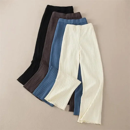 Autumn Winter Thick Knitted Pant Women Wide Leng Pants Fashion Straight Trousers Elastic Casual Knit Pants Striped Pantalon