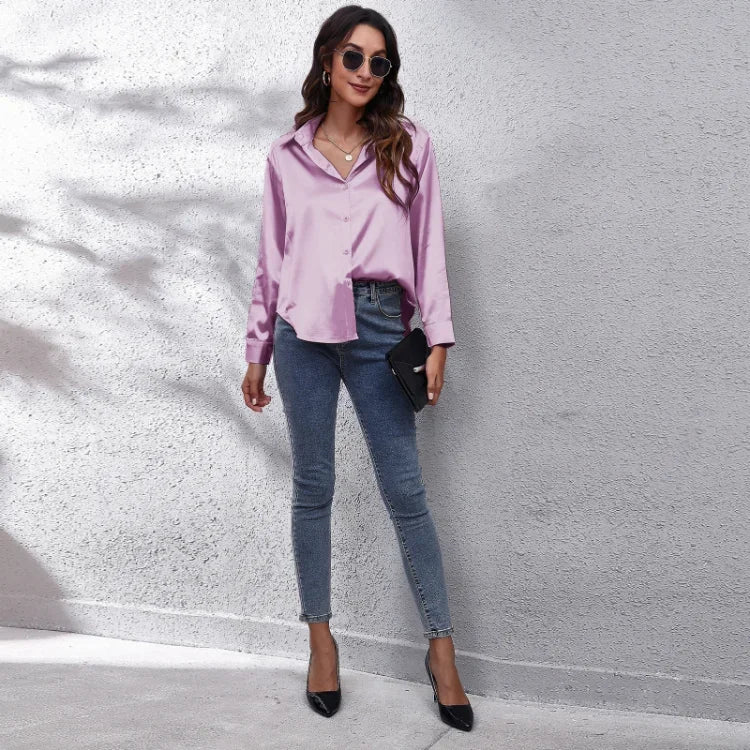 Spring Summer Long Sleeve Women's Silk Shirt Office Ladies Stain Blouses Solid Turn-down Collar Single Breasted Woman Shirts