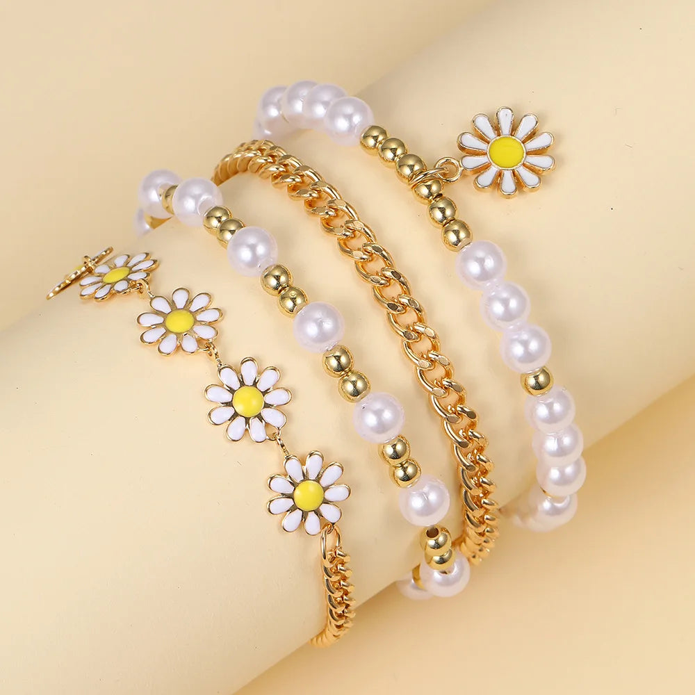 Elegant 4pc Daisy & Imitation Pearl Bracelet Set - Cute Zinc Alloy Jewelry for Stylish Girls, Ideal Gift