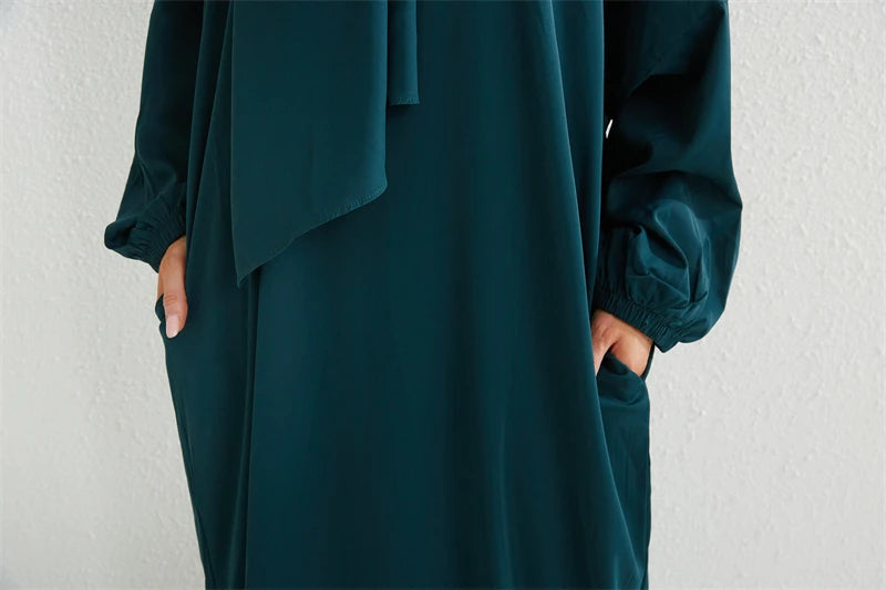 Muslim Abaya Prayer Dress One-piece Hooded Smocking Sleeve Islamic Clothing Women Jilbab Dubai Saudi Black Robe Turkish Modesty