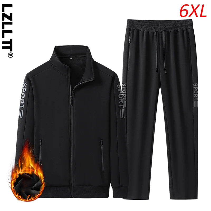 Winter Men Casual Fleece Sport 2 Pieces Tracksuits Suits Men Thick Sportswear Outdoor Sets Male Joggers Classic Cotton Suits 6XL