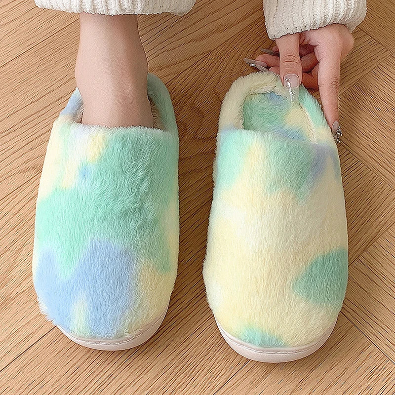 Tie Dye Fluffy Fur Slippers for Women 2024 Winter Closed Toe House Home Slippers Woman Non Slip Flat Heels Indoor Cotton Shoes