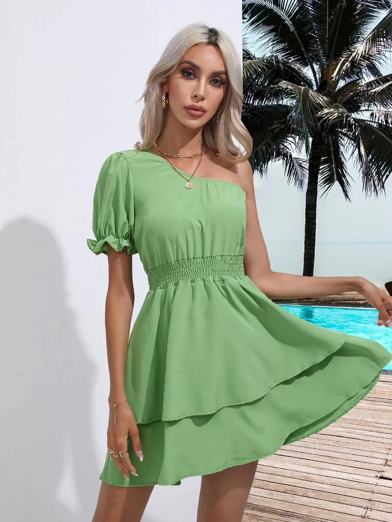 Summer Puff Sleeve One-Shoulder Women Dress Beach Pleated Ruffles Mini Woman Dresses Elastic Waist Diagonal collar Vestidos