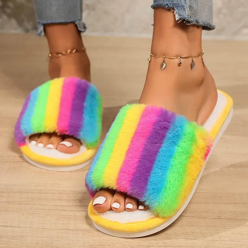 Colorful Fluffy Fur Slippers Women 2024 Winter Warm Flat Heels Home Cotton Slippers Woman Non Slip Indoor House Shoes Slides