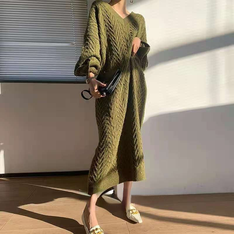 Autumn Winter Sweater Dress Women Kintted Dresses Fashion Female Long Sleeve Elastic V-neck Loose Casual Knitwear Dresses