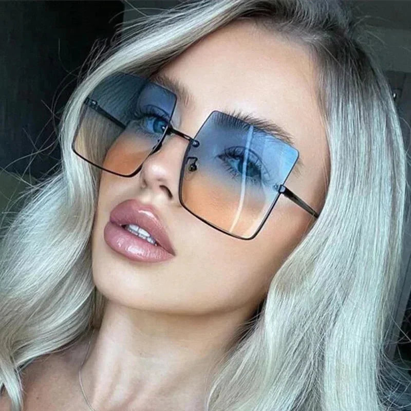 Fashion Oversized Square Sunglasses   Women Brand Retro Big Frame Sun Glasses Female Metal Semi-Rimless Designer Oculos De Sol