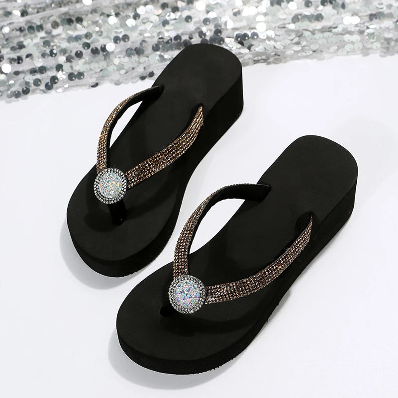 Clip Toe Wedge Heels Slippers Women 2024 Summer Shiny Crystal Platform Sandals Woman Plus Size 42 Light Outdoor Flip-Flops Slide