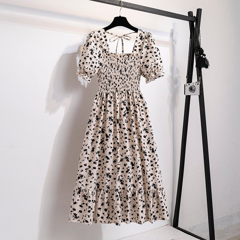 2023 Spring Summer Short Sleeve Casual Dresses Female Elastic Waist Pleated Backless Chiffon Dress Women Midi Dresses Vestidos