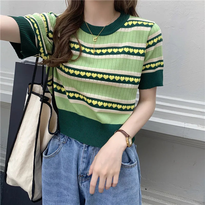 Spring Summer Women Knitted T-Shirts Striped Short Sleeve Shirts Tops Female Elastic Casual Knit Tee Crop Tops Women's T-Shirts