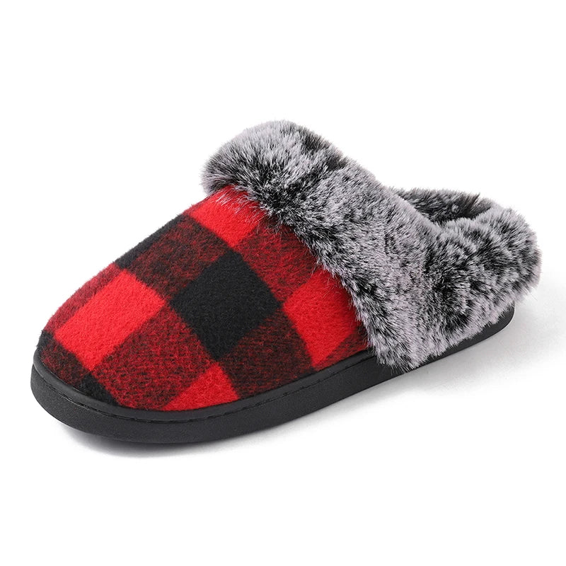 Plaid Thicken Plush Fur Slippers Women 2024 Winter Closed Toe Couple Home Slippers Woman Comfort Soft Sole House Shoes Slides