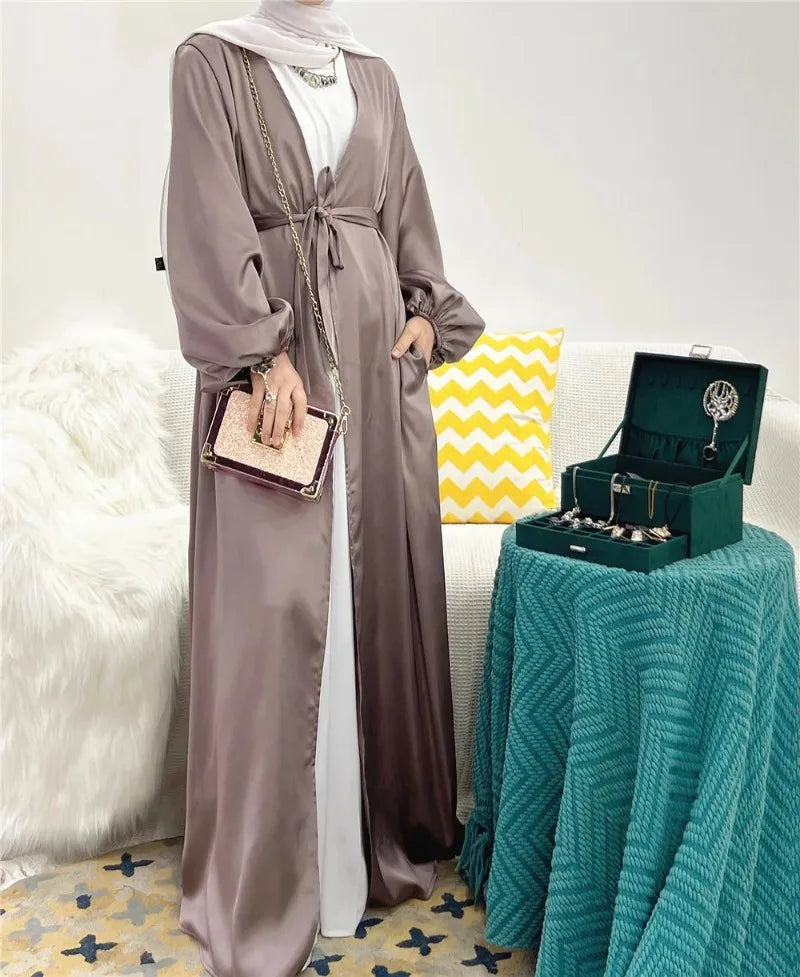 Women Abayas Muslim Kaftan Puff Sleeves Lace-up Maxi Length Ramadan Dresses Jilbabs Open Front  Abayas Outwear Cardigan Coats