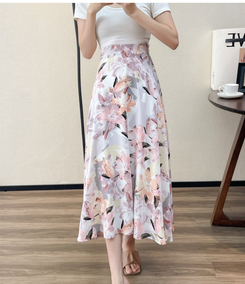 2022 Summer High Waist Women Skirts Casual Floral Printed Chiffon Woman Midi Skirts Bohemian Beach Holiday Long A-line Skirts