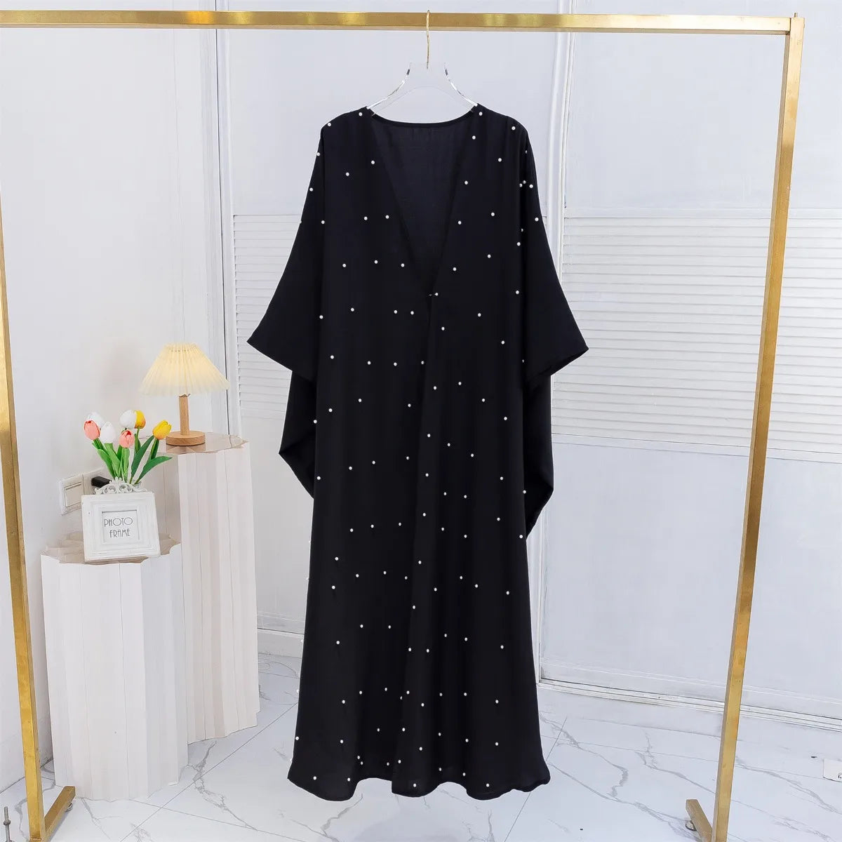 Open Front Beaded Abaya Women Kaftan Black Muslim Ramadan Long Sleeve Loose Maxi Length Dresses Women Jilbabs  Women's Clothing