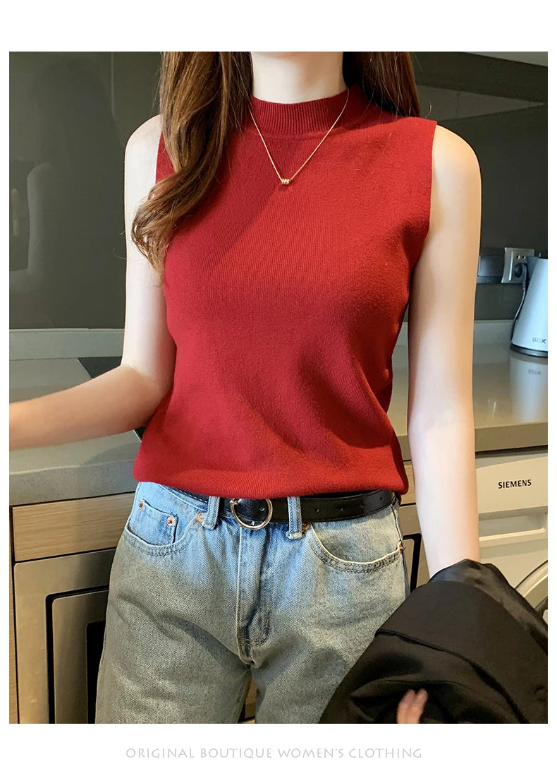 Women's T-Shirts Spring Summer Women Knitted Tank Sleeveless Shirts Tops Female High Elastic Slim Casual Knit T-Shirts Crop Tops