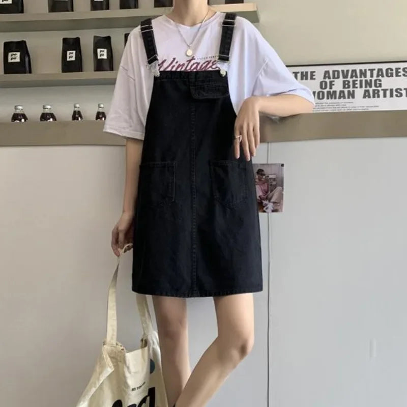 Spring Summer Black Denim Overall Dress Women Casual Sleeveless Jeans Dresses Fashion Female Loose Spaghetti Strap Dresses Girls