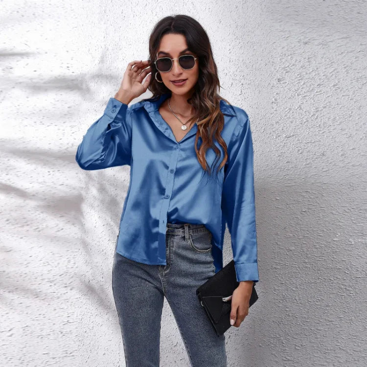 Spring Summer Long Sleeve Women's Silk Shirt Office Ladies Stain Blouses Solid Turn-down Collar Single Breasted Woman Shirts