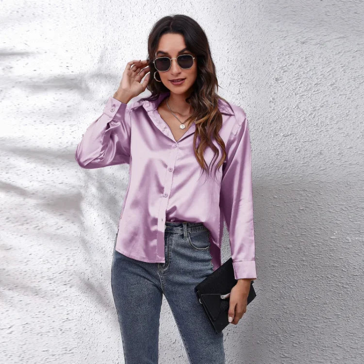 Spring Summer Long Sleeve Women's Silk Shirt Office Ladies Stain Blouses Solid Turn-down Collar Single Breasted Woman Shirts