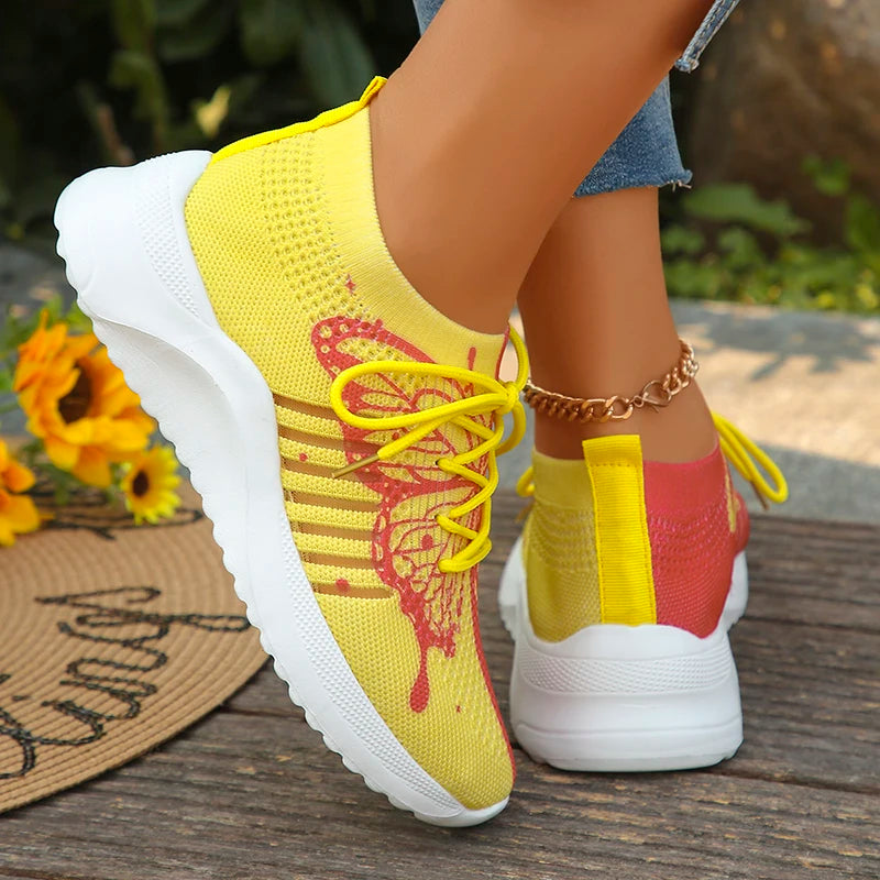 Butterfly Printed Knitted Sneakers Women Lightweight Anti-Slip Breathable Casual Shoes Woman 2024 Fashion Lace Up Tennis Shoes