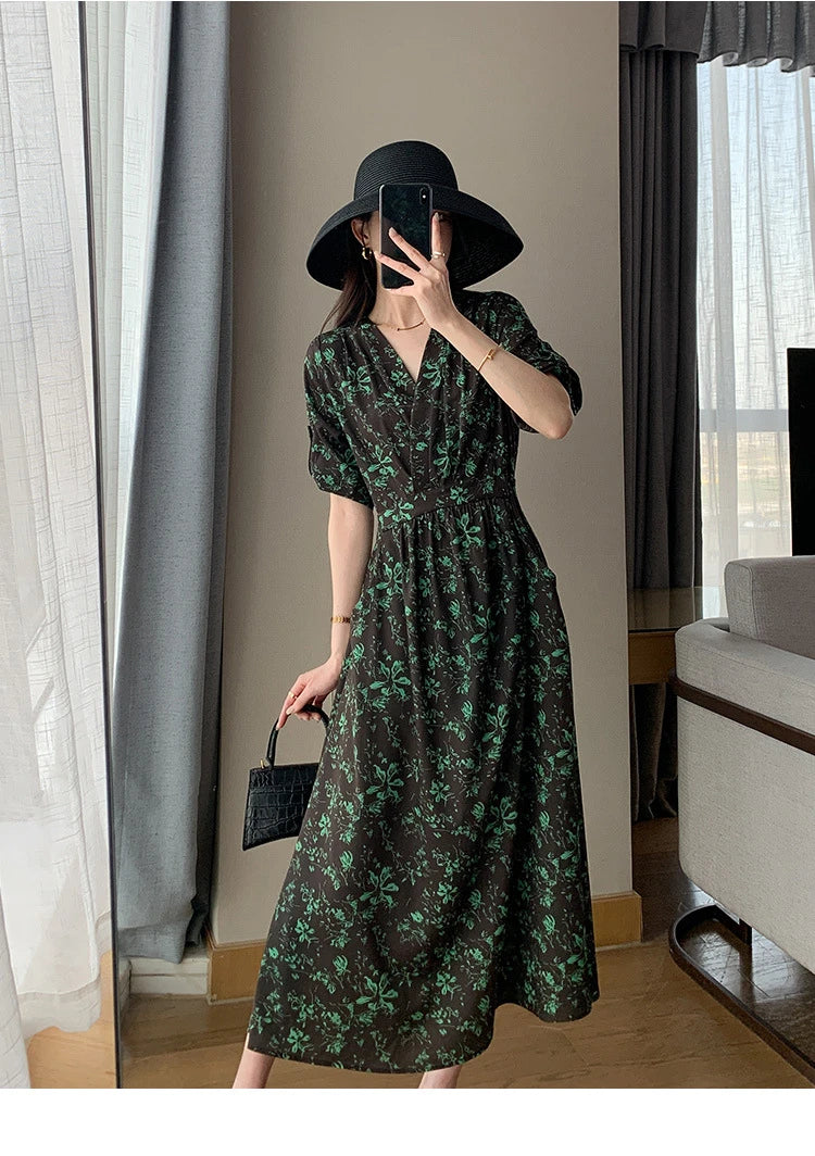 Spring Summer Printed Floral Dress Women Casual Dresses Fashion Female Vestidos Short Sleeve Vintage V-neck A-line Dresses