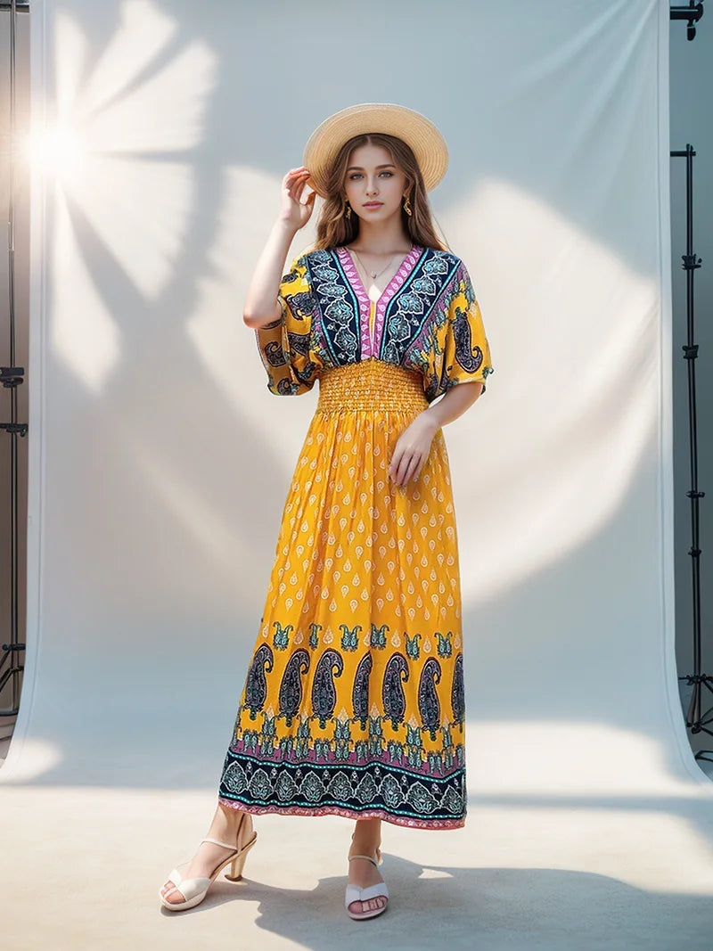 V-neck Short Sleeve Maxi Dress Women Dresses Summer Spring Fashion Female Vintage Print Floral Poplin Boho Beach Dresses Vestido