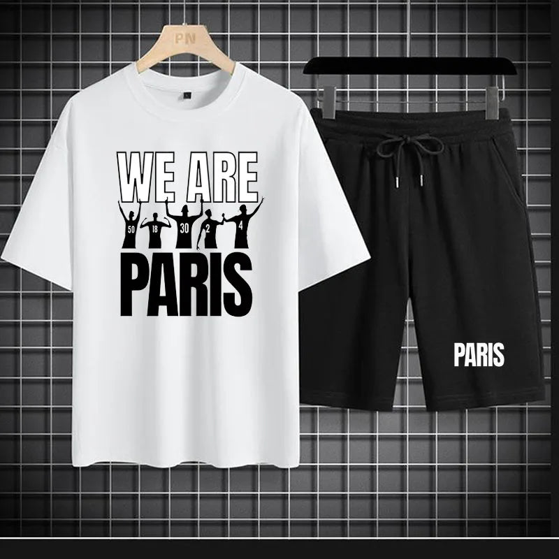 Cotton Short Sets Men Set PARIS Football Team T-Shirts Shorts Sport Suit Sweatsuit Men Tracksuit Casual Cotton Short Sets Men