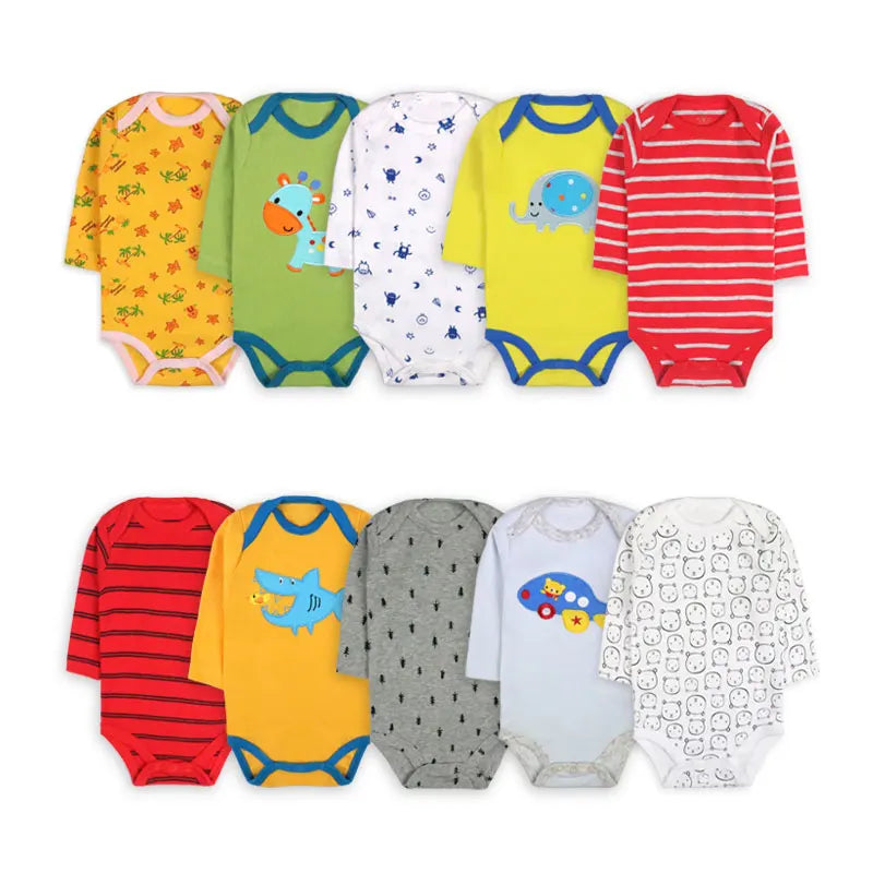 [5 Packs Random style] Cotton Long Sleeve Baby Bodysuit Cartoon Print Newborn Baby Clothes Spring Autumn Infant Jumpsuit