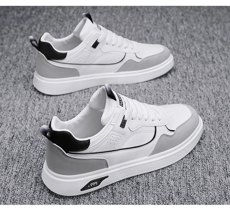 Men's new casual sports shoes leather spring and autumn lace-up white men's shoes vulcanized walking men's shoes