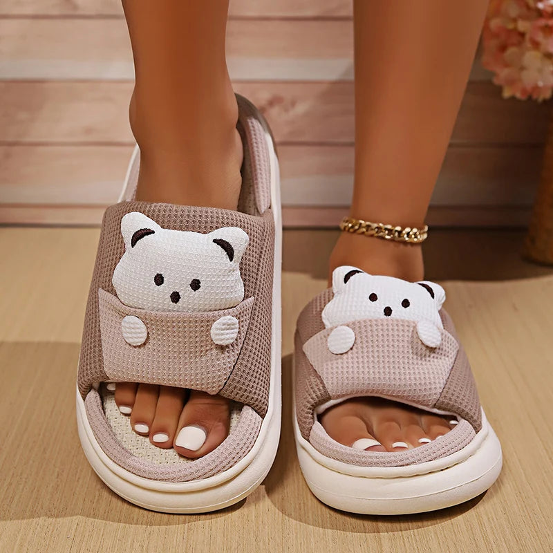 Cute Cartoon Bear Home Slippers Women 2024 Winter Comfort Soft Sole Linen Slippers Woman Non Slip Flat Heels House Shoes Slides