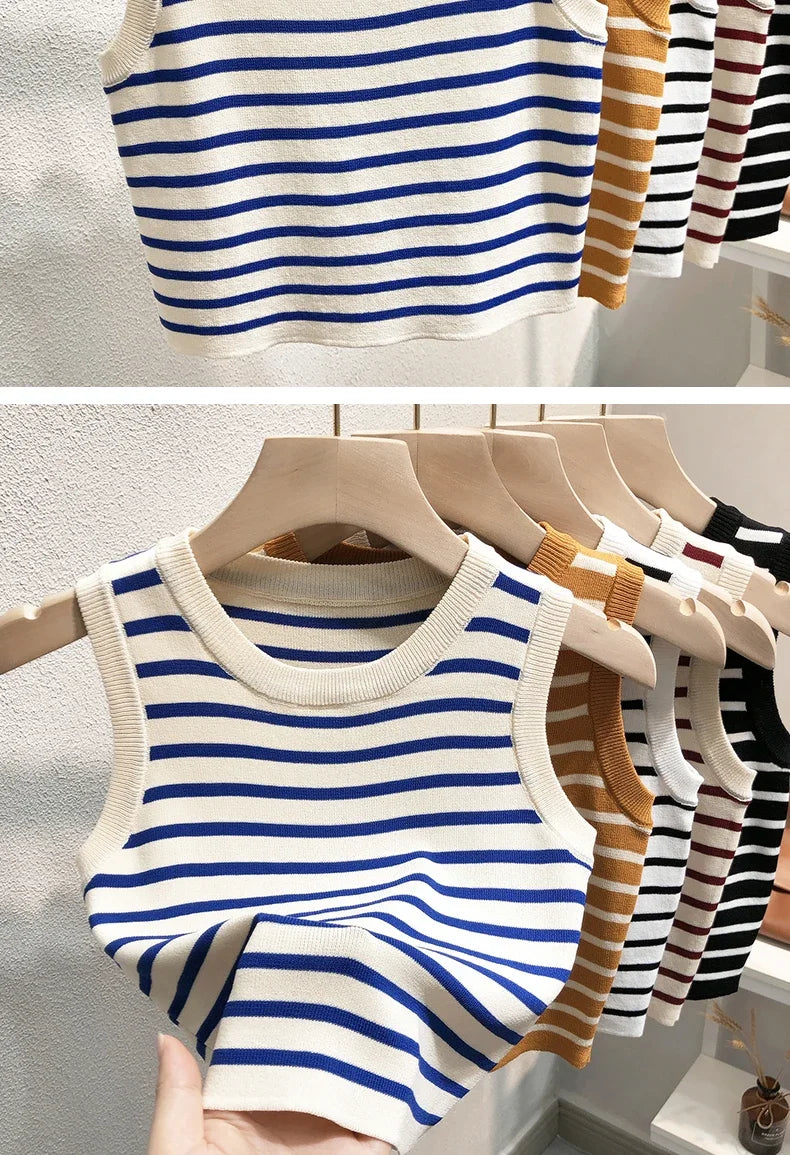 Summer Spring Striped Tank Tops Women Sleeveless Knitted T-Shirts Crop Tops Female Elastic Slim Casual Vests Pullover Camis