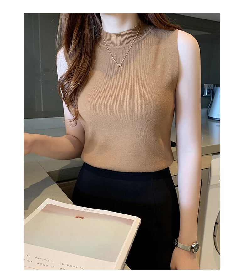 Women's T-Shirts Spring Summer Women Knitted Tank Sleeveless Shirts Tops Female High Elastic Slim Casual Knit T-Shirts Crop Tops