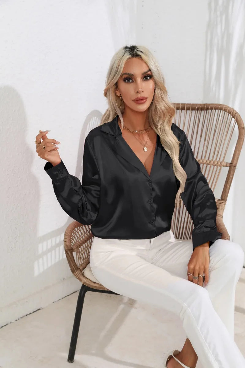 2024 Spring Summer Women Shirts Office Lady Woman Long Sleeve Satin Turn-down Collar Blouse with Single Breasted Female Blouses