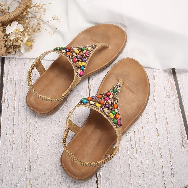 Retro Bohemian Flat Heels Sandals for Women 2024 summer Rhinestone Beads Clip Toe Sandals Woman Lightweight Beach Flip Flops