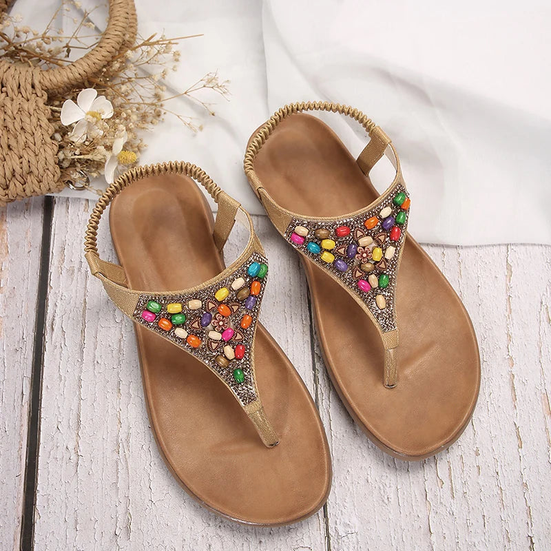 Retro Bohemian Flat Heels Sandals for Women 2024 summer Rhinestone Beads Clip Toe Sandals Woman Lightweight Beach Flip Flops