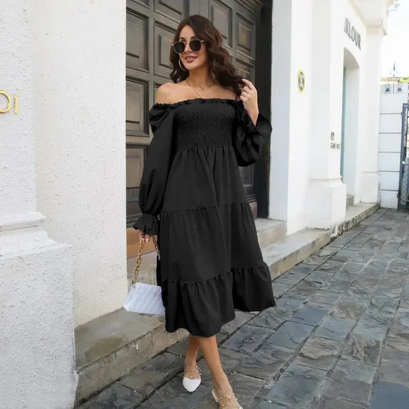 Spring Autumn Pleated Square Neck Women Dresses Vintage Loose Puff Long Sleeve Woman Dress Solid Ruffle Loose Mujer Vestidos