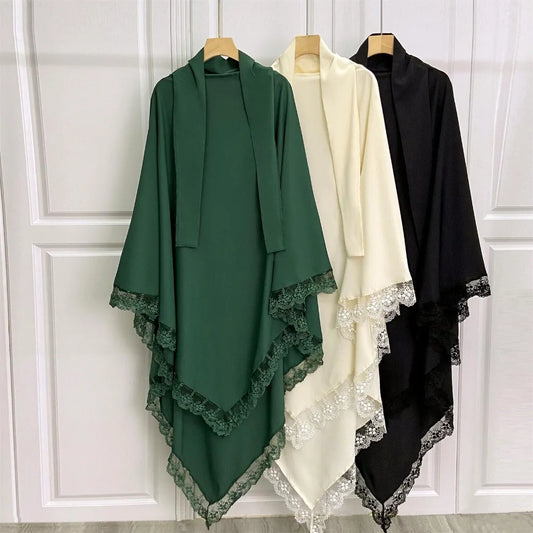 1pc Muslim Hijab Abays With Lace Breathable Islamic Dubai Style Long Instant Headscarf,suitable for Festival and Praying