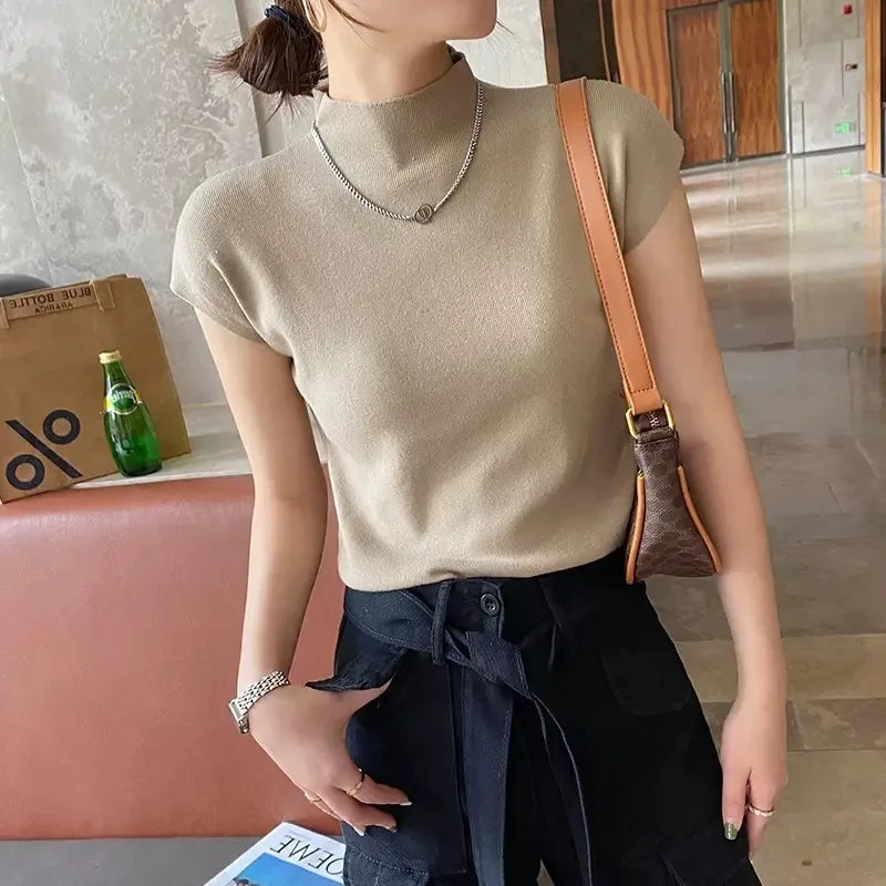 Summer Spring Tank Tops Women Sleeveless Knitted T-Shirts Female High Elastic Slim Casual Kniting T-Shirts Crop Tops Shirts