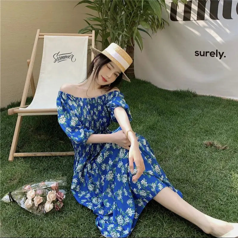 Spring Summer Dress Women Casual Dresses Off Shoulder Fashion Female Vestidos Short Sleeve Printed Floral V-neck A-line Dresses