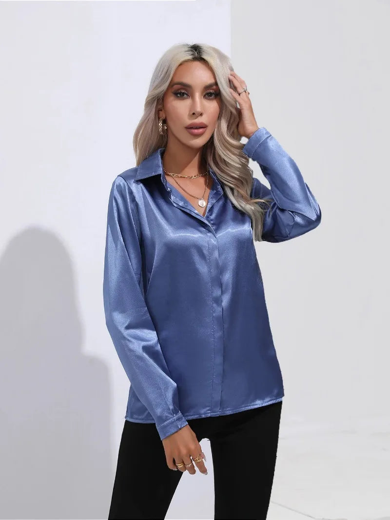 Women's Shirt with Single Breasted Long Sleeve Shirts Spring Summer Silk Shirt Office Lady Satin Turn-down Collar Casual Blouses