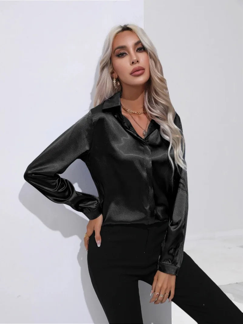 Women's Shirt with Single Breasted Long Sleeve Shirts Spring Summer Silk Shirt Office Lady Satin Turn-down Collar Casual Blouses