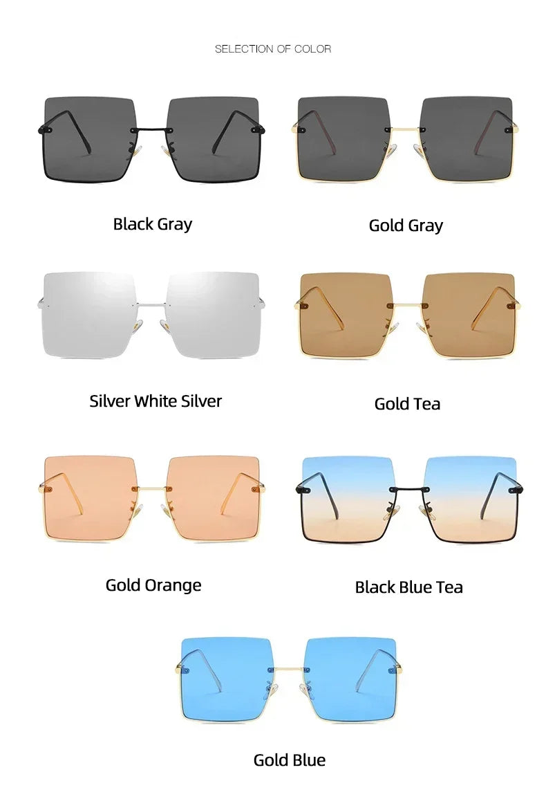 Fashion Oversized Square Sunglasses   Women Brand Retro Big Frame Sun Glasses Female Metal Semi-Rimless Designer Oculos De Sol