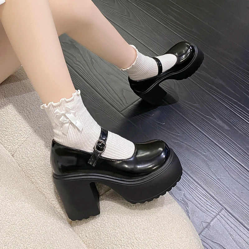 Chunky Platform High Heels Pumps Women 2023 Autumn Pu Leather Ankle Buckle Mary Jane Shoes Woman Thick Heeled White Lolita Shoes