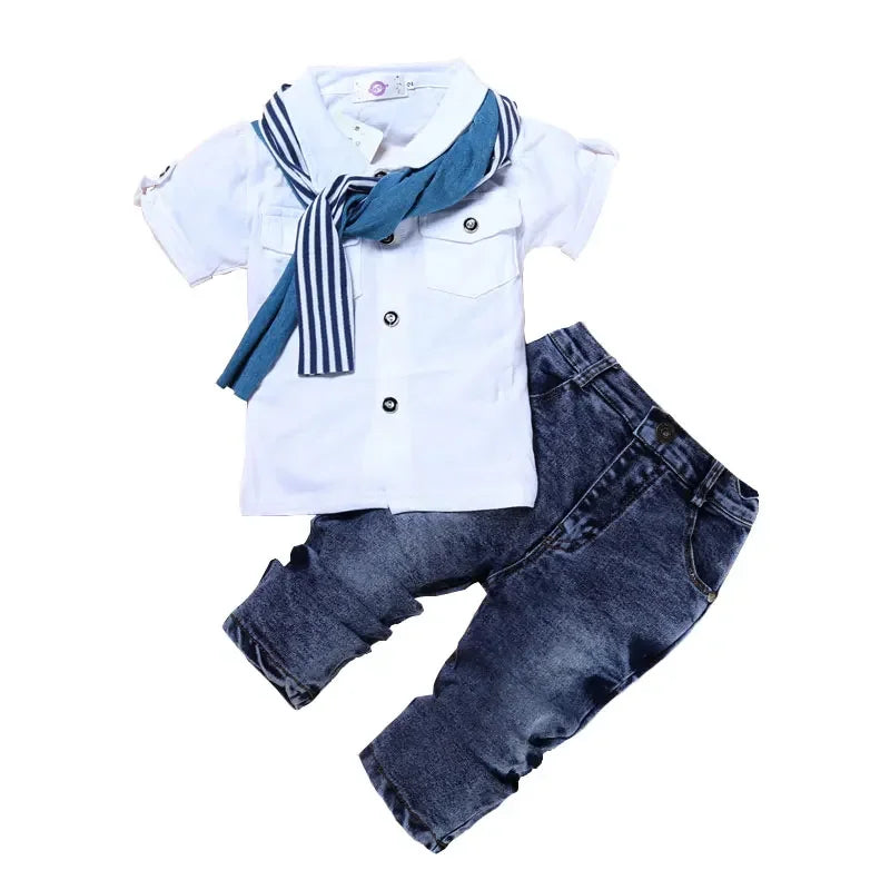 Fashion Kids Clothes Boys Outfit Set Cotton Cotton Short Sleeve O-Neck Tops+Jeans+Scarf Summer Children Boys Clothing 2-7 Years