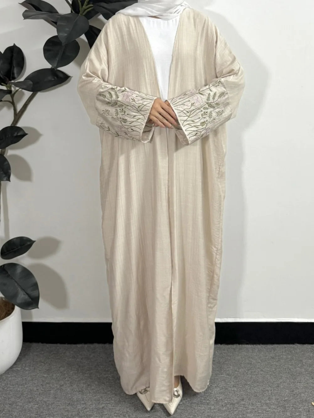 Islamic Clothing Open Front Abaya Muslim Kaftans Embroidery Long Sleeve Maxi Length Ramadan Prayer Dresses Muslim Jilbabs