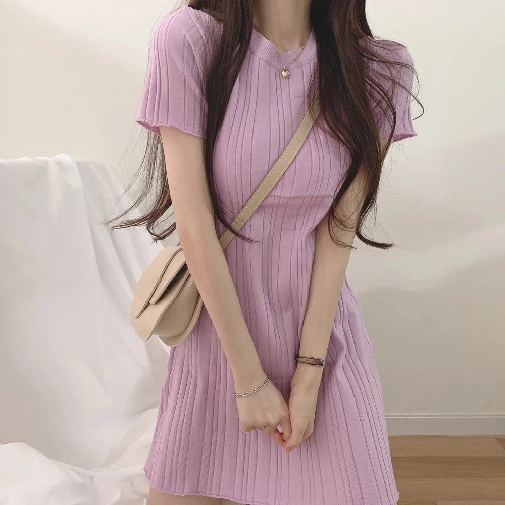 Short Sleeve Casual Knit Dress Women Mini Dresses Summer Autumn Fashion Female Elastic Skinny Package Hip Knitted Pencil Dresses