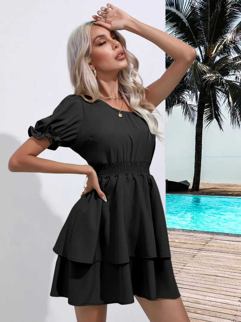 Summer Puff Sleeve One-Shoulder Women Dress Beach Pleated Ruffles Mini Woman Dresses Elastic Waist Diagonal collar Vestidos