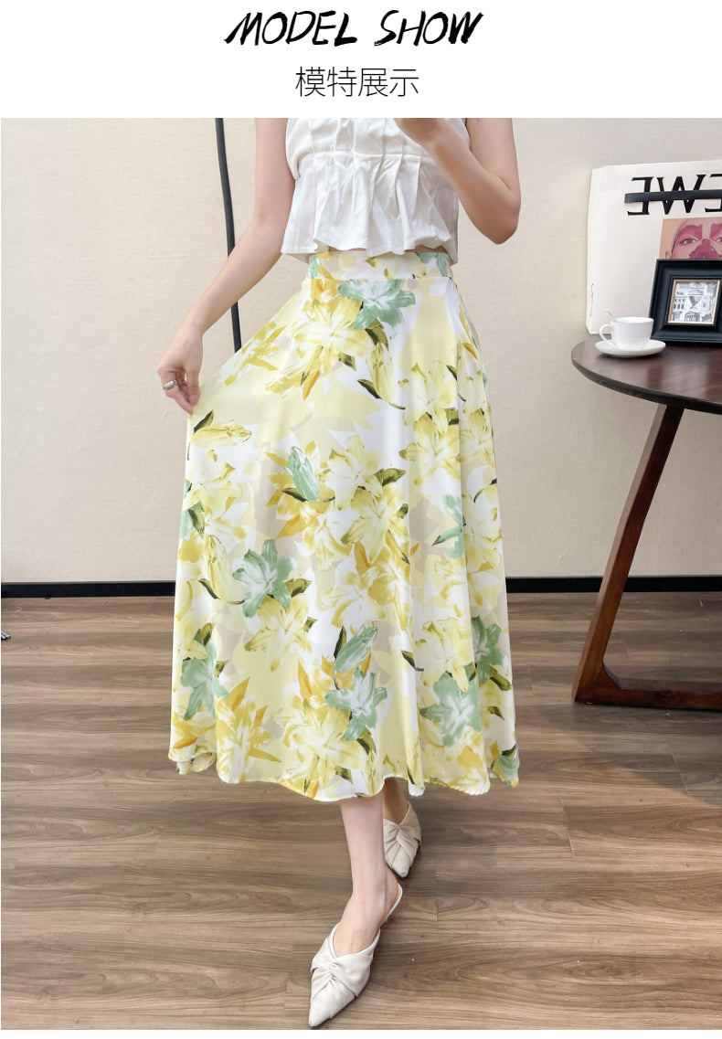 2022 Summer High Waist Women Skirts Casual Floral Printed Chiffon Woman Midi Skirts Bohemian Beach Holiday Long A-line Skirts