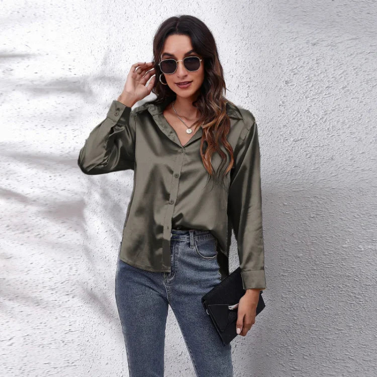 Spring Summer Long Sleeve Women's Silk Shirt Office Ladies Stain Blouses Solid Turn-down Collar Single Breasted Woman Shirts